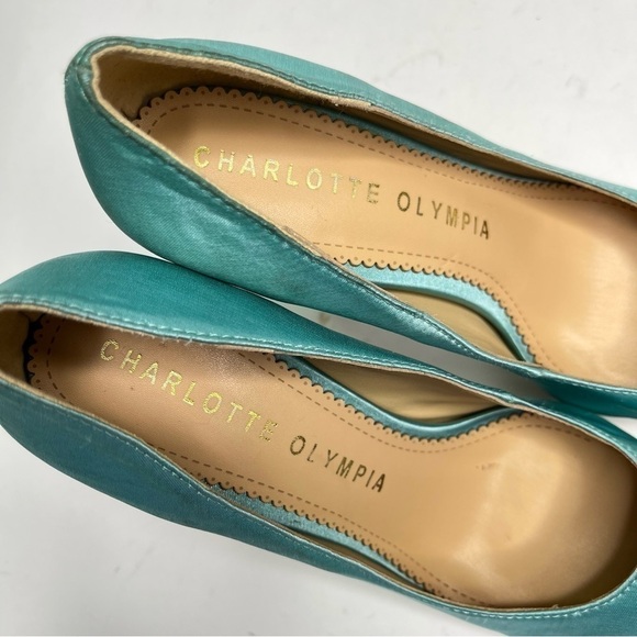 CHARLOTTE OLYMPIA Teal Aquamarine Satin Pointed-Toe Platform Grey Pumps Heels - Picture 7 of 12